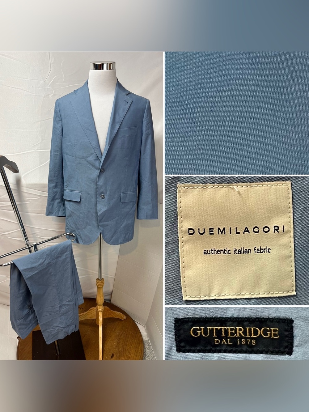 GUTTERIDGE Men's US 42 S Blazer 38x27 Pants Blue Cotton Blend Slim Fit Suit